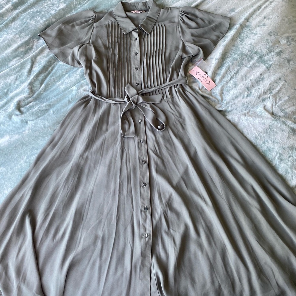 Sage green flutter sleeve dress with tie waist